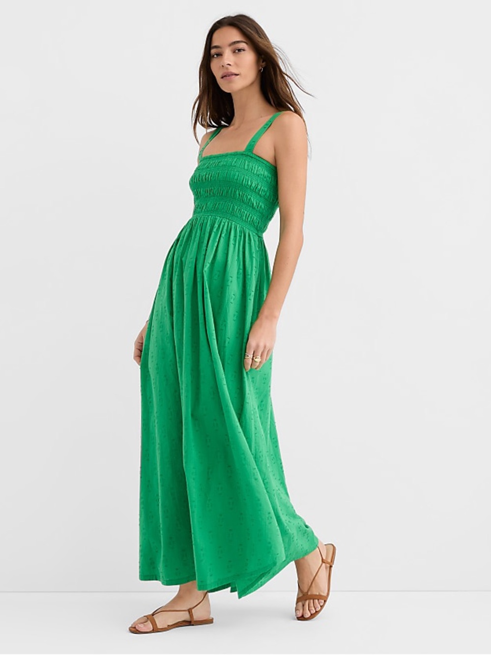 NWT NEW LOFT Beach Ikat Clip Smocked Maxi Pocket Dress Petite Medium Green